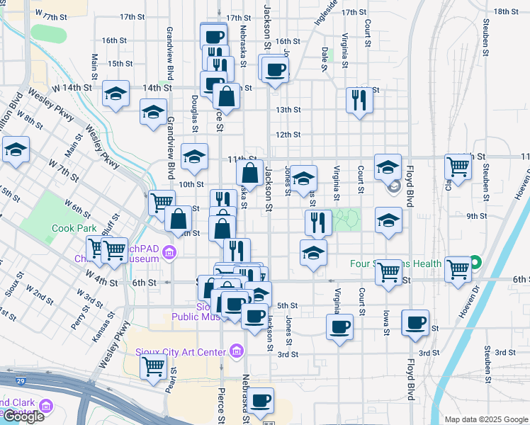 map of restaurants, bars, coffee shops, grocery stores, and more near 821 Jackson Street in Sioux City