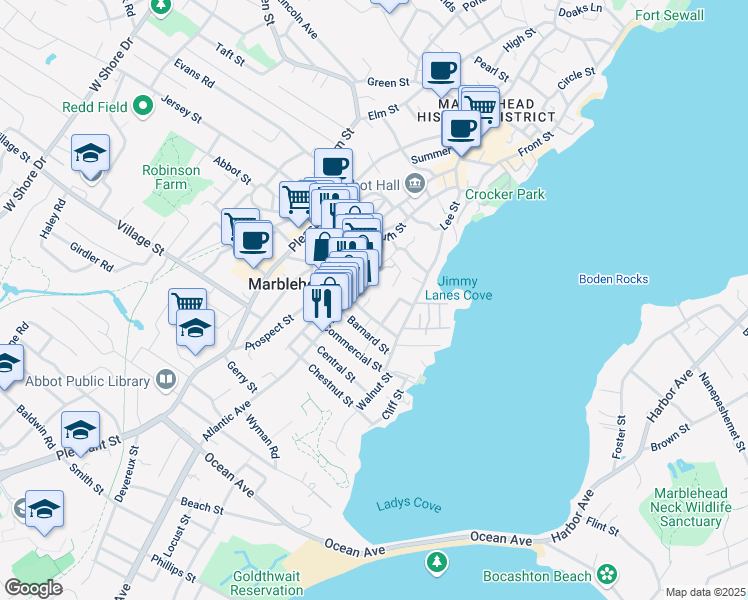 map of restaurants, bars, coffee shops, grocery stores, and more near 1 Roundys Hill in Marblehead