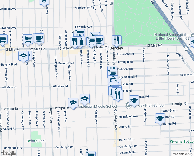 map of restaurants, bars, coffee shops, grocery stores, and more near 2994 Kipling Avenue in Berkley