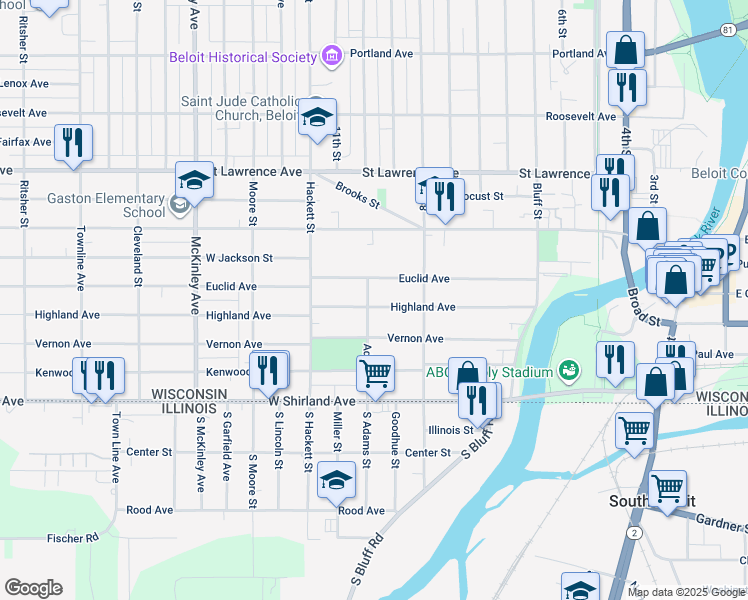 map of restaurants, bars, coffee shops, grocery stores, and more near 755 Highland Avenue in Beloit