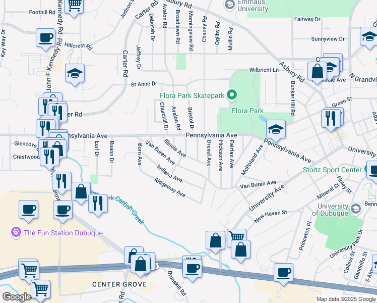map of restaurants, bars, coffee shops, grocery stores, and more near 1662 Alpha Avenue in Dubuque