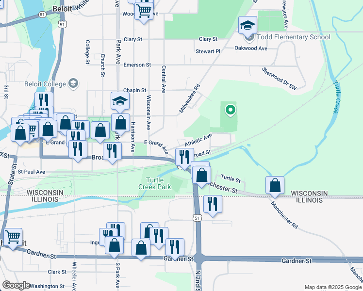 map of restaurants, bars, coffee shops, grocery stores, and more near 1322 Athletic Avenue in Beloit