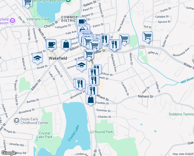 map of restaurants, bars, coffee shops, grocery stores, and more near 4 Bennett Street in Wakefield