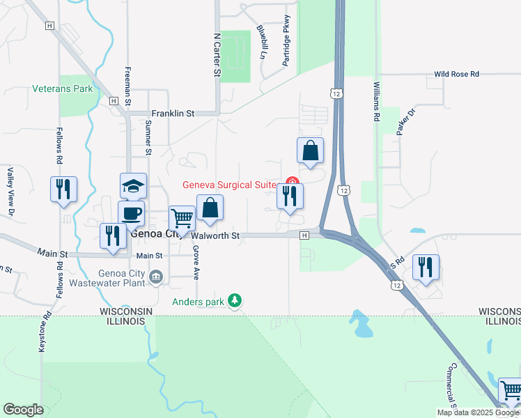 map of restaurants, bars, coffee shops, grocery stores, and more near 106 Chancellor Court in Genoa City