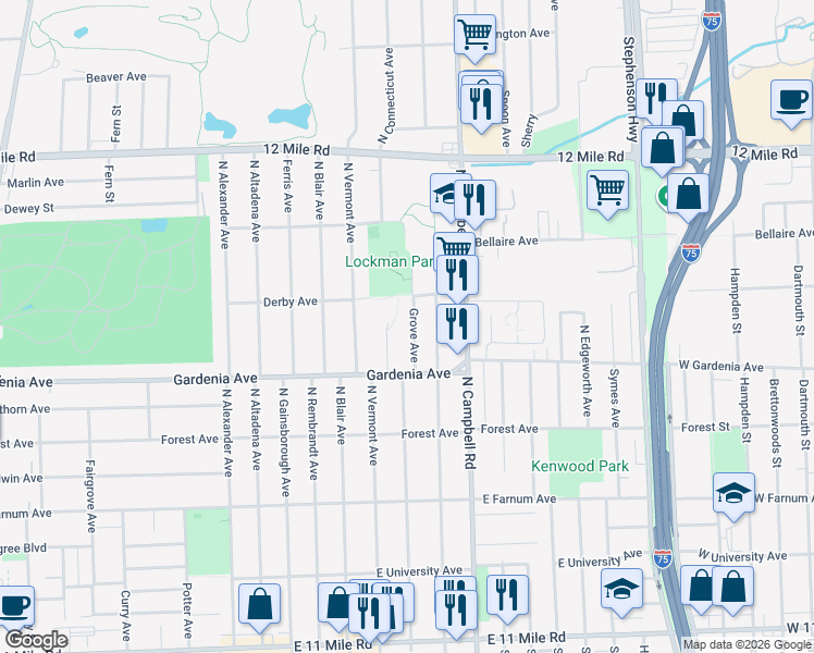 map of restaurants, bars, coffee shops, grocery stores, and more near 1045 Grove Avenue in Royal Oak