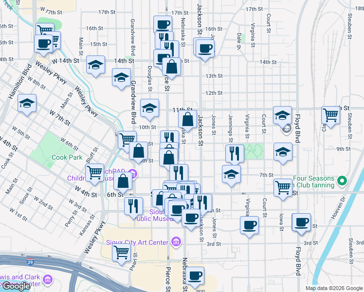 map of restaurants, bars, coffee shops, grocery stores, and more near 829 Nebraska Street in Sioux City