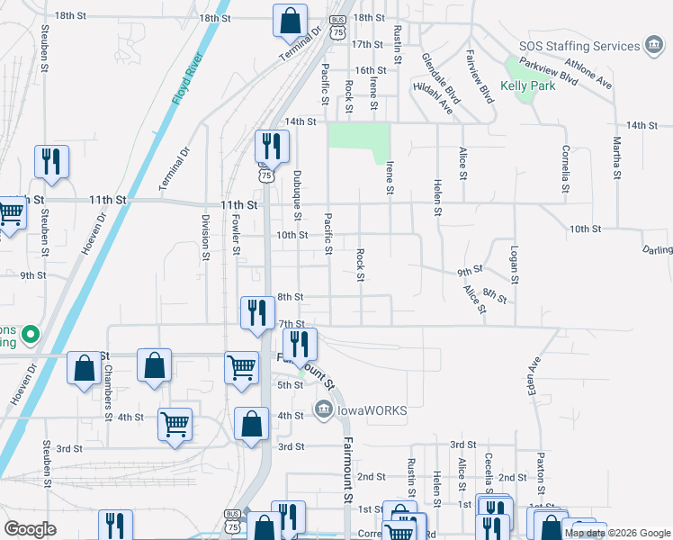 map of restaurants, bars, coffee shops, grocery stores, and more near 800-898 Pacific Street in Sioux City