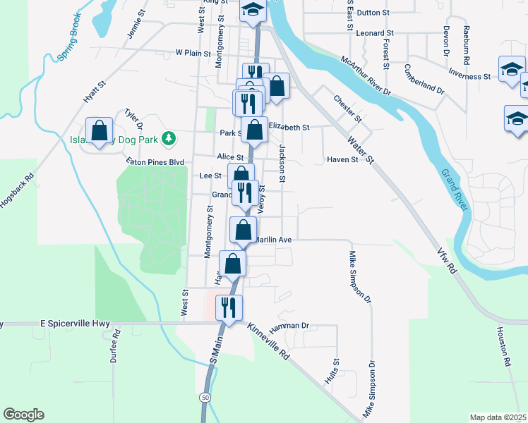 map of restaurants, bars, coffee shops, grocery stores, and more near 201 Lindy Avenue in Eaton Rapids