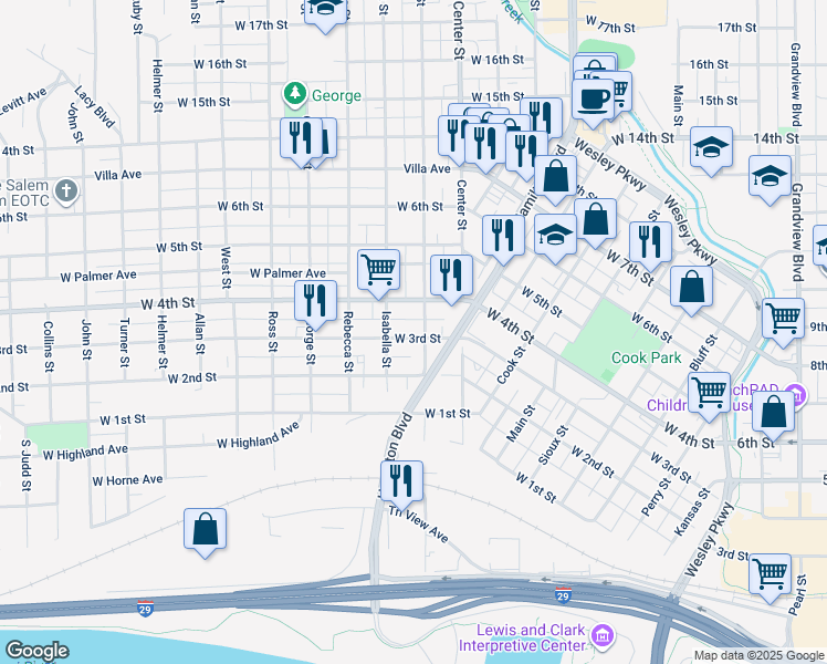 map of restaurants, bars, coffee shops, grocery stores, and more near 1203 West 3rd Street in Sioux City
