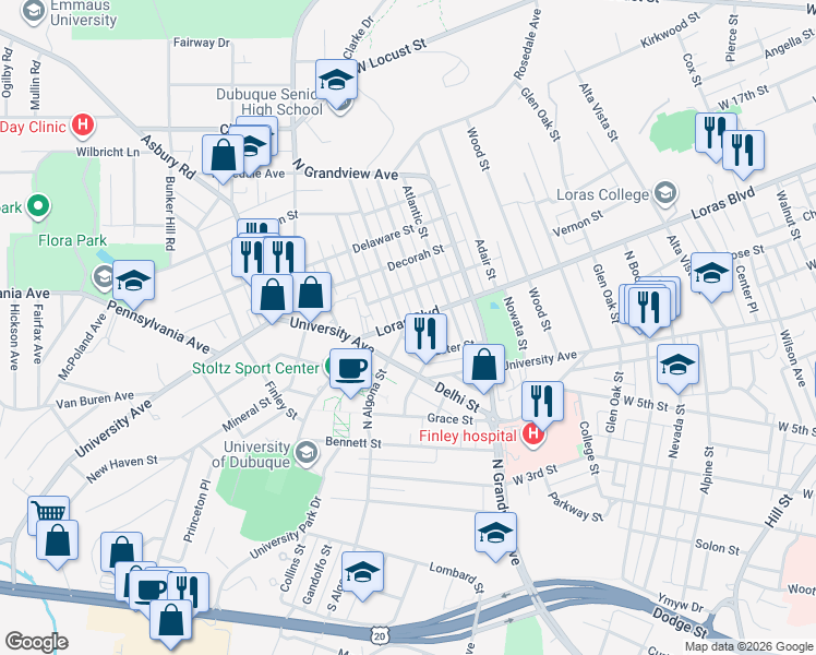 map of restaurants, bars, coffee shops, grocery stores, and more near 1882 Loras Boulevard in Dubuque