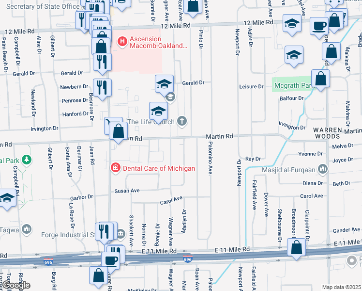 map of restaurants, bars, coffee shops, grocery stores, and more near 27854 Marilyn Drive in Warren