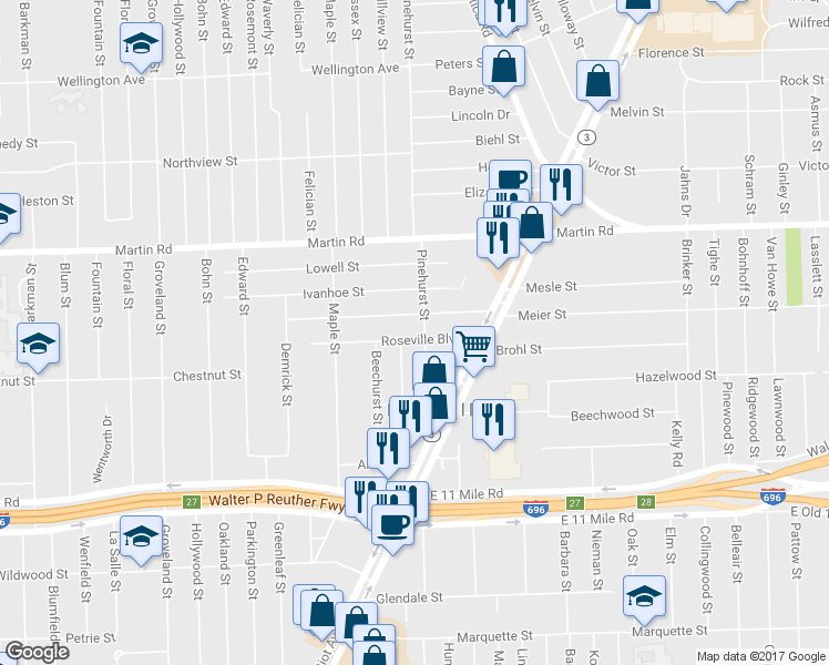 map of restaurants, bars, coffee shops, grocery stores, and more near 17719 Roseville Boulevard in Roseville