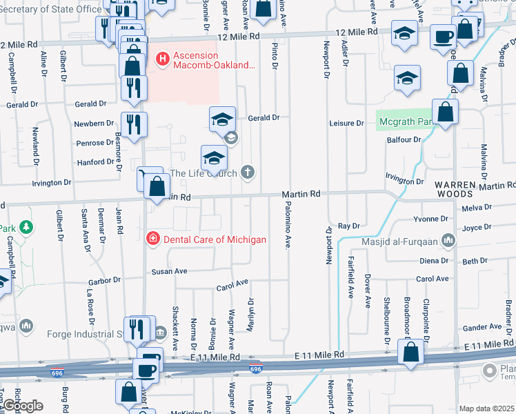 map of restaurants, bars, coffee shops, grocery stores, and more near 27854 Marilyn Dr in Warren