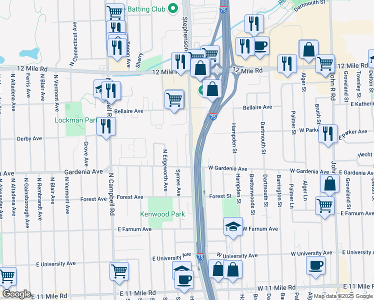 map of restaurants, bars, coffee shops, grocery stores, and more near 1105 North Stephenson Highway in Royal Oak