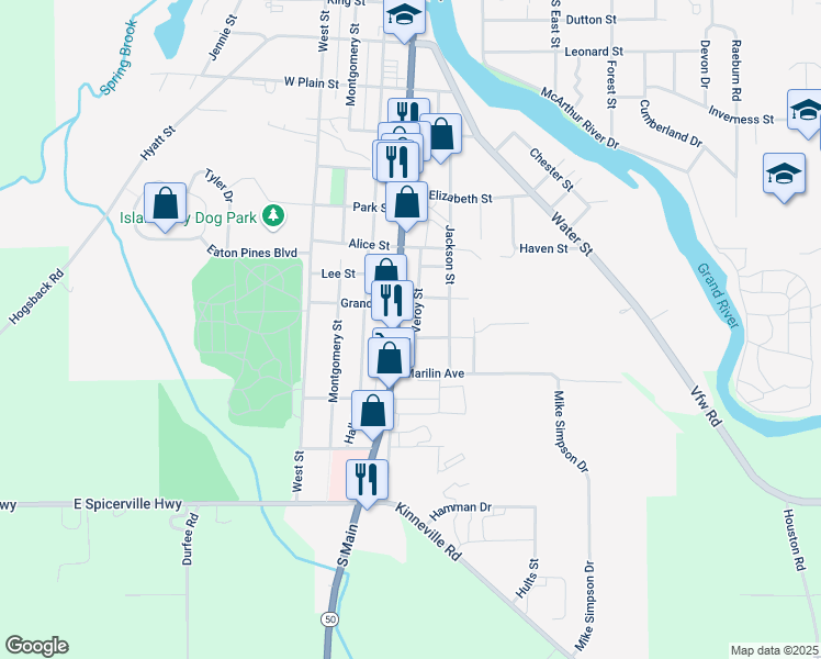 map of restaurants, bars, coffee shops, grocery stores, and more near 201 Lindy Avenue in Eaton Rapids