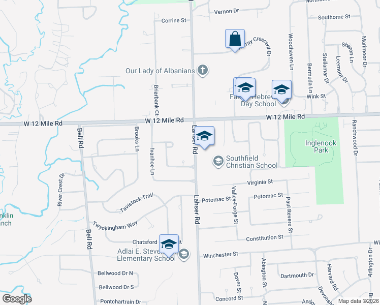 map of restaurants, bars, coffee shops, grocery stores, and more near 28779 Lahser Road in Southfield