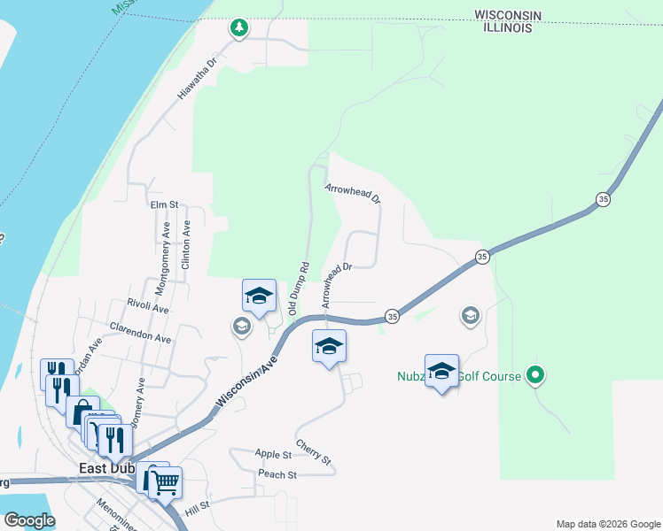 map of restaurants, bars, coffee shops, grocery stores, and more near 803 Arrowhead Drive in East Dubuque