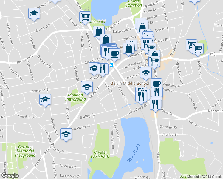 map of restaurants, bars, coffee shops, grocery stores, and more near 16 Lake Street in Wakefield