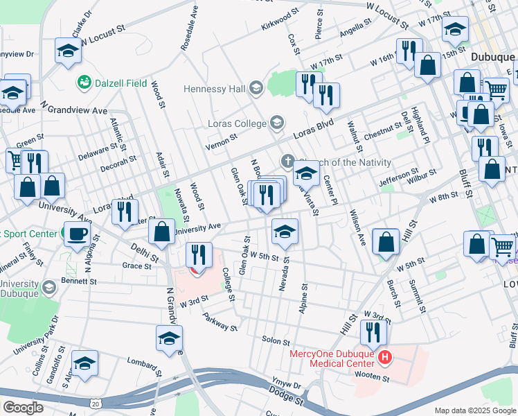 map of restaurants, bars, coffee shops, grocery stores, and more near 935 North Booth Street in Dubuque