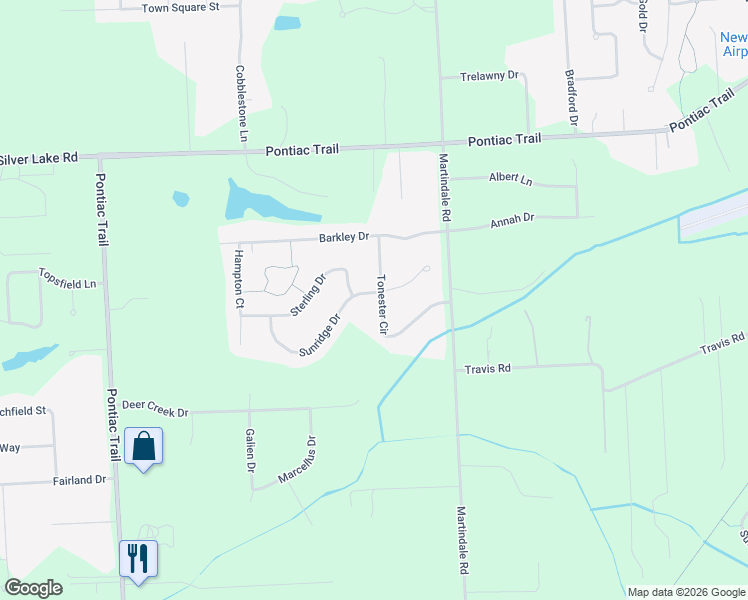 map of restaurants, bars, coffee shops, grocery stores, and more near 29371 Tonester Circle in New Hudson