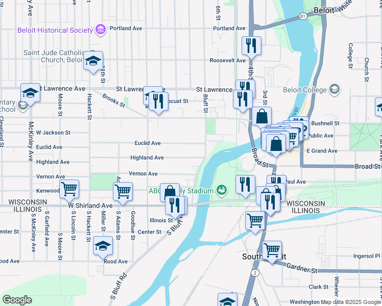 map of restaurants, bars, coffee shops, grocery stores, and more near 329 Highland Avenue in Beloit