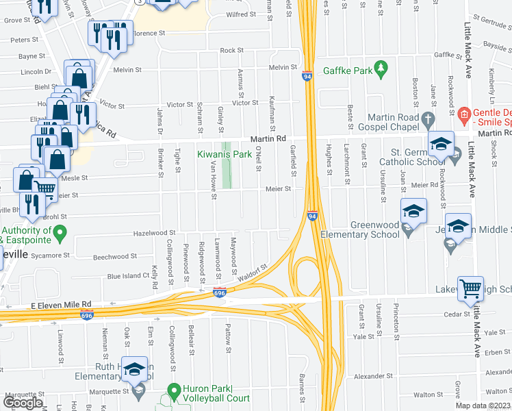 map of restaurants, bars, coffee shops, grocery stores, and more near 27533 O'Neil Street in Roseville