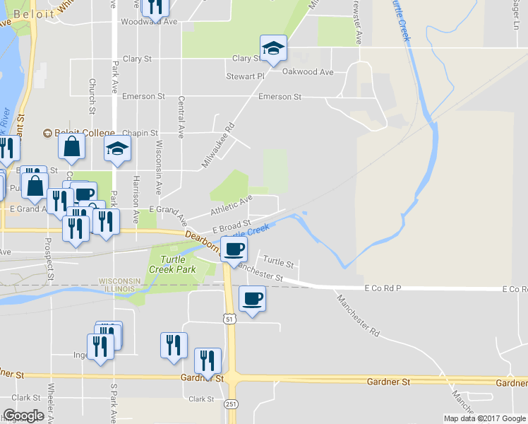 map of restaurants, bars, coffee shops, grocery stores, and more near 1533 Keep Street in Beloit
