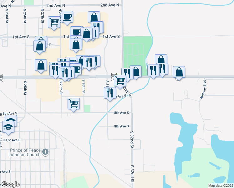 map of restaurants, bars, coffee shops, grocery stores, and more near 3120 7th Avenue South in Fort Dodge