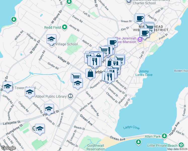 map of restaurants, bars, coffee shops, grocery stores, and more near in Marblehead