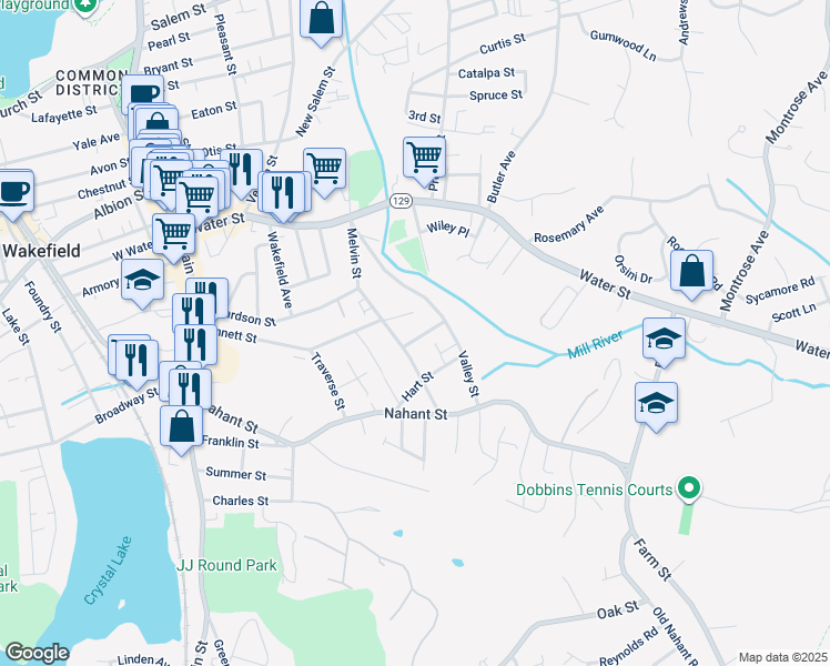 map of restaurants, bars, coffee shops, grocery stores, and more near 13 Cottage Street in Wakefield