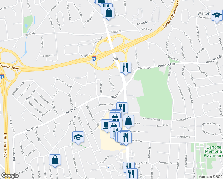 map of restaurants, bars, coffee shops, grocery stores, and more near 5 Stonehill Drive in Stoneham