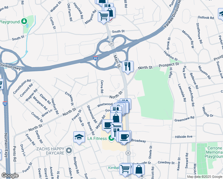 map of restaurants, bars, coffee shops, grocery stores, and more near 5 Stonehill Drive in Stoneham