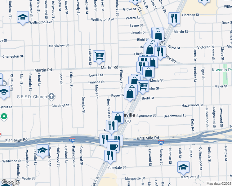 map of restaurants, bars, coffee shops, grocery stores, and more near 17719 Roseville Boulevard in Roseville