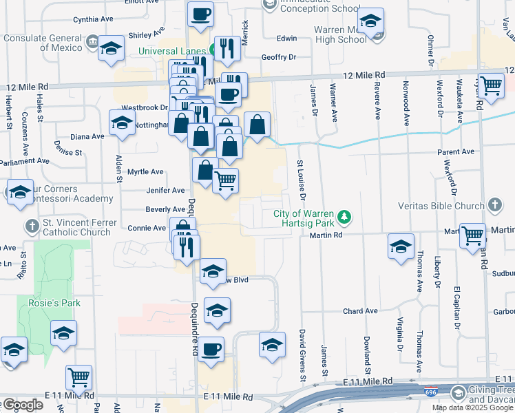 map of restaurants, bars, coffee shops, grocery stores, and more near 28366 Universal Drive in Warren