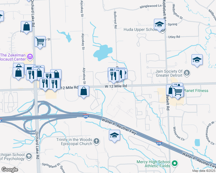map of restaurants, bars, coffee shops, grocery stores, and more near 30099 Twelve Mile Road in Farmington Hills