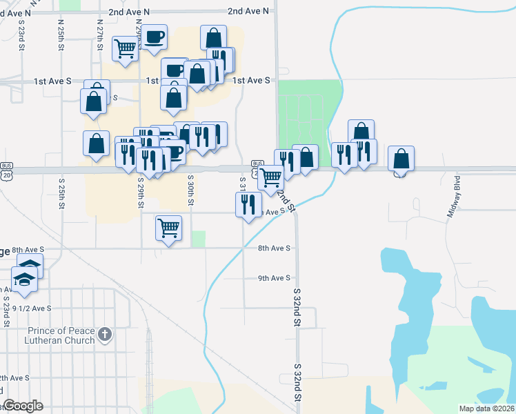 map of restaurants, bars, coffee shops, grocery stores, and more near 3120 7th Avenue South in Fort Dodge
