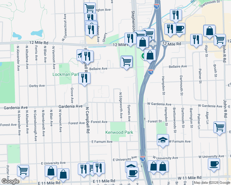 map of restaurants, bars, coffee shops, grocery stores, and more near 1102 North Kenwood Avenue in Royal Oak