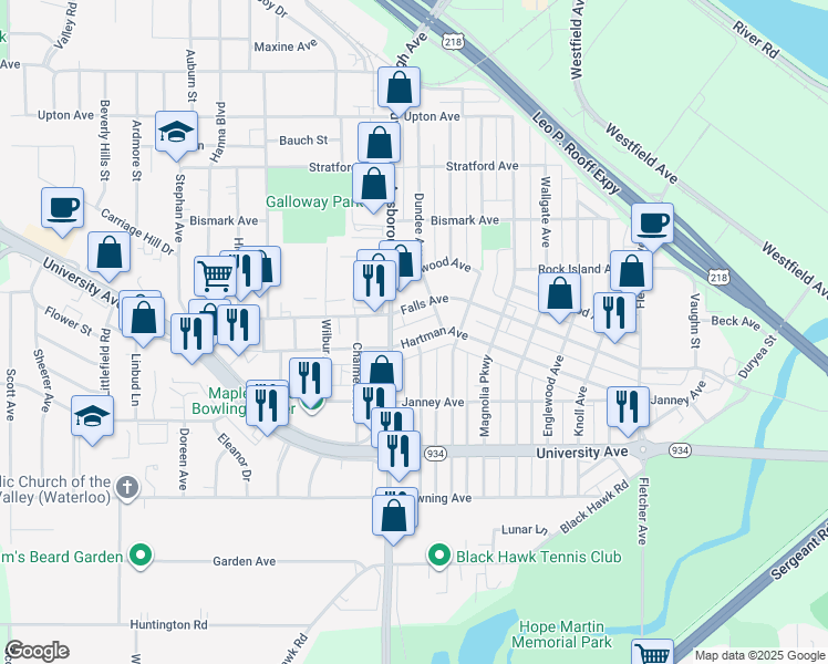 map of restaurants, bars, coffee shops, grocery stores, and more near 724 Hartman Avenue in Waterloo