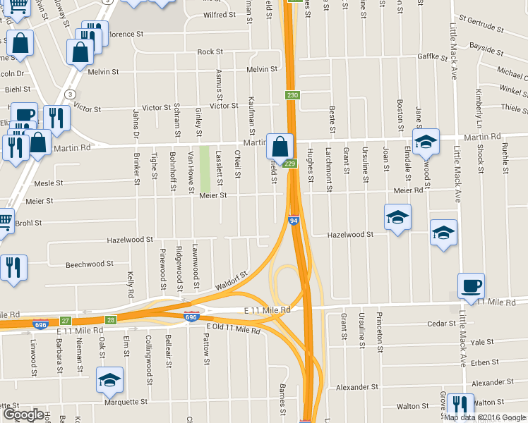 map of restaurants, bars, coffee shops, grocery stores, and more near 27530 Kaufman Street in Roseville