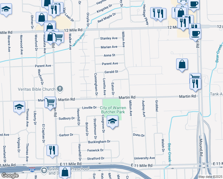 map of restaurants, bars, coffee shops, grocery stores, and more near 28083 Eaton Drive in Warren