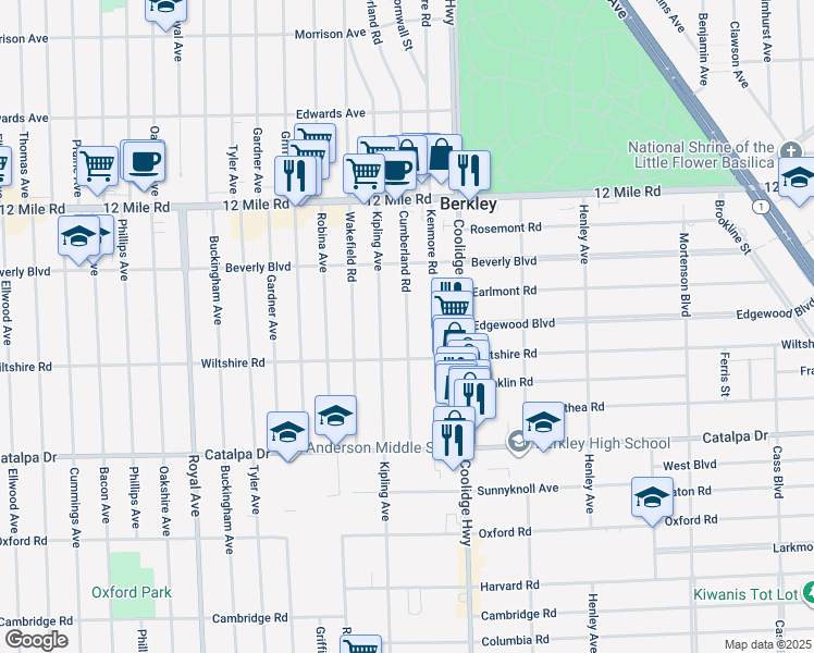 map of restaurants, bars, coffee shops, grocery stores, and more near 3010 Cumberland Road in Berkley