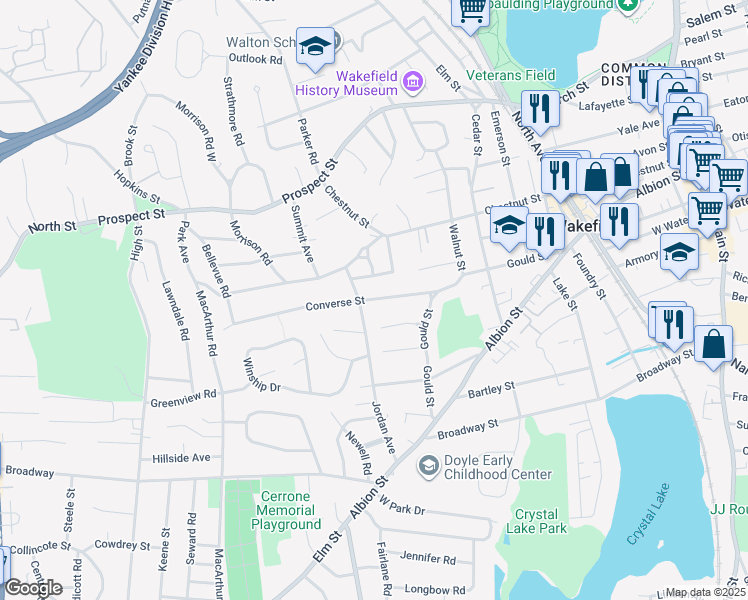 map of restaurants, bars, coffee shops, grocery stores, and more near 30 Converse Street in Wakefield