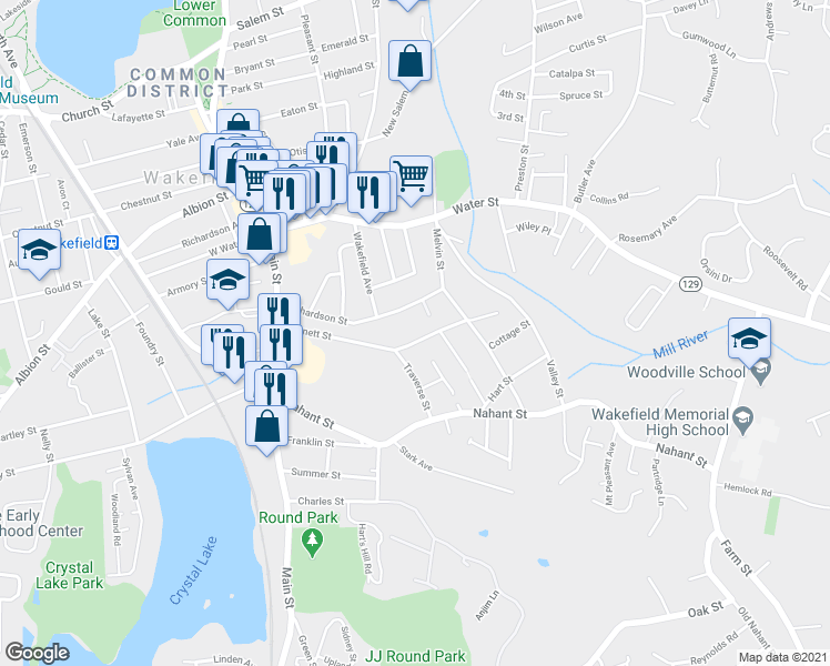 map of restaurants, bars, coffee shops, grocery stores, and more near 53 Bennett Street in Wakefield