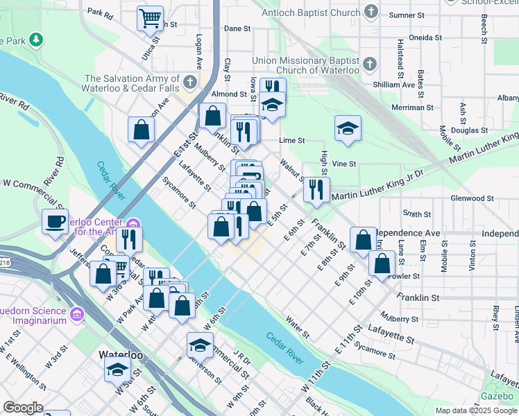 map of restaurants, bars, coffee shops, grocery stores, and more near 330 East 4th Street in Waterloo