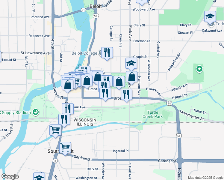 map of restaurants, bars, coffee shops, grocery stores, and more near 636 East Grand Avenue in Beloit