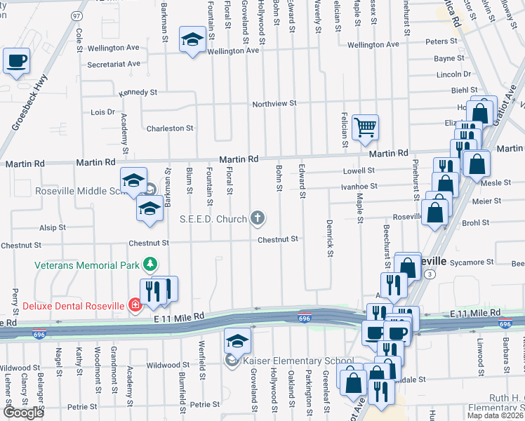 map of restaurants, bars, coffee shops, grocery stores, and more near 27636 Groveland St in Roseville