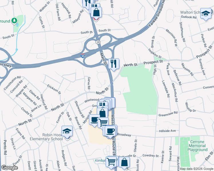 map of restaurants, bars, coffee shops, grocery stores, and more near 65 North Street in Stoneham