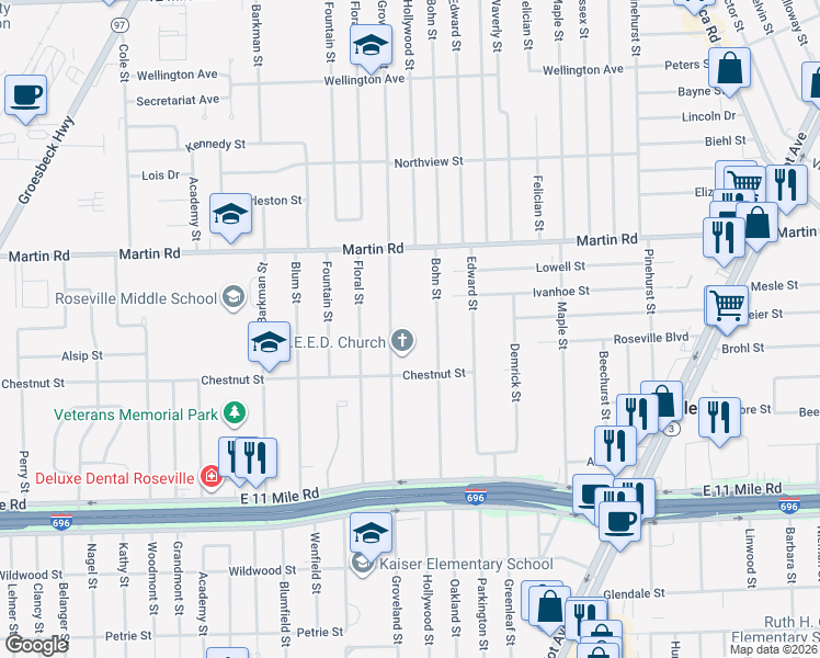 map of restaurants, bars, coffee shops, grocery stores, and more near 27636 Groveland Street in Roseville