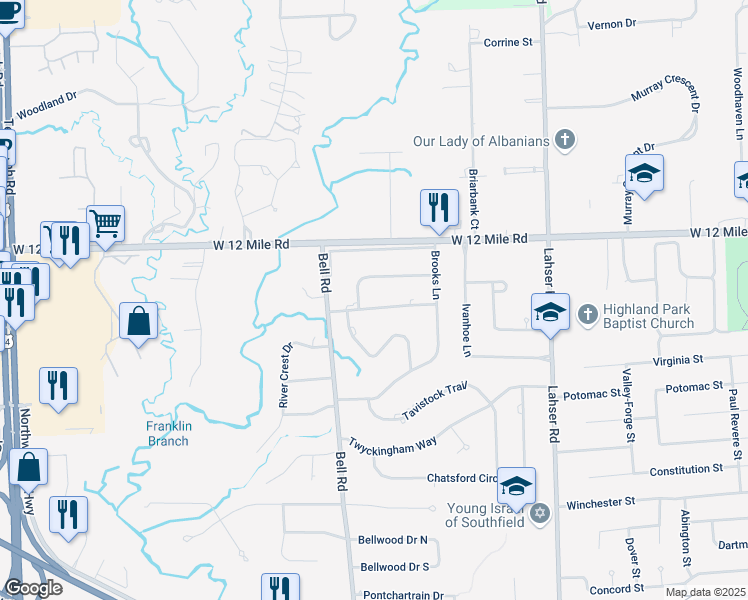 map of restaurants, bars, coffee shops, grocery stores, and more near 22710 Glastonbury Gate Street in Southfield