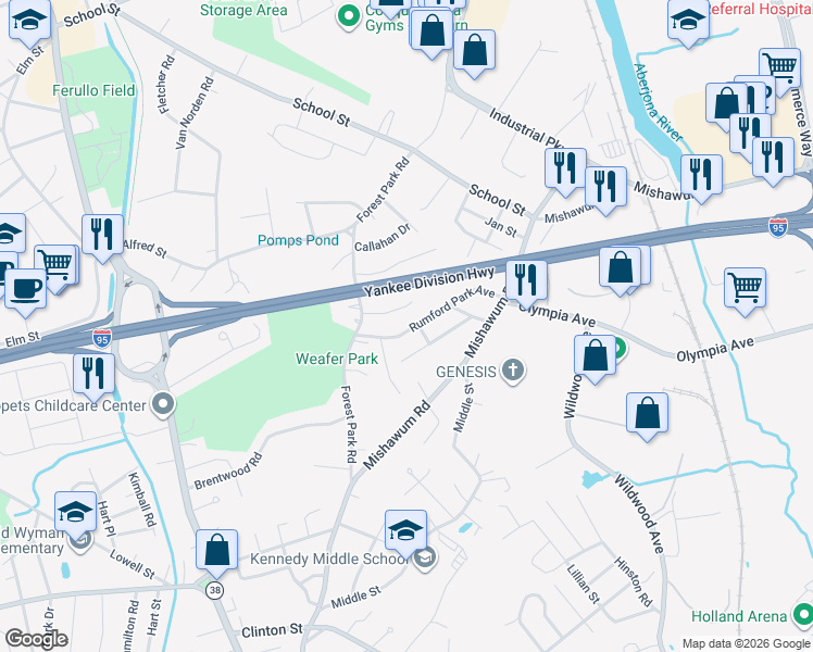 map of restaurants, bars, coffee shops, grocery stores, and more near 14 Rumford Park Avenue in Woburn
